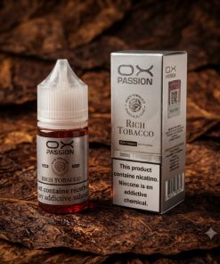 OX PASSION RICH TOBACCO SALT ELIQUID 30ml dropper bottle displaying its classic dark gold tobacco leaf graphics.