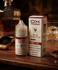 OX PASSION RUM TOBACCO SALT ELIQUID plastic dropper bottle displaying its classic dark tobacco graphics.