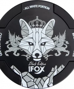 WHITE FOX BLACK EDITION 22.5MG NICOTINE POUCHES matte black can displaying the iconic silver fox emblem.