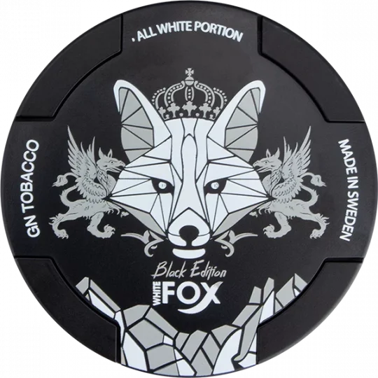 WHITE FOX BLACK EDITION 22.5MG NICOTINE POUCHES matte black can displaying the iconic silver fox emblem.