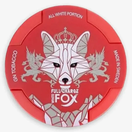 WHITE FOX FULL CHARGE 16MG NICOTINE POUCHES red and white can featuring the iconic fox head emblem on a patterned background.