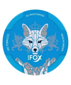 WHITE FOX ALL WHITE 12MG NICOTINE POUCHES white can displaying the metallic fox logo on an icy background.