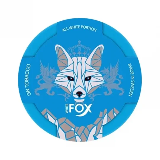 WHITE FOX ALL WHITE 12MG NICOTINE POUCHES white can displaying the metallic fox logo on an icy background.