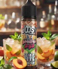 JOOSY MTL MOJITO PEACH ELIQUID bottle displaying fresh peach, lime, and mint leaf graphics.