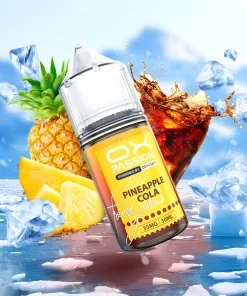 OX PASSION PINEAPPLE COLA FREEZE SALT ELIQUID 50MG 30ML plastic dropper bottle displaying its bright yellow tropical graphics.