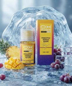 OX PASSION PINEAPPLE MANGO GRAPE FREEZE SALT ELIQUID 30ml dropper bottle featuring a highly detailed tropical fruit and ice label design.