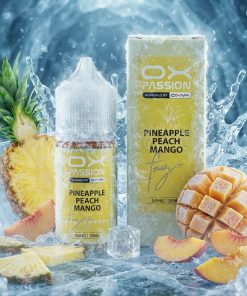 OX PASSION PINEAPPLE PEACH MANGO FREEZE SALT ELIQUID 30ml bottle displaying a vibrant tropical label design against a clean background.
