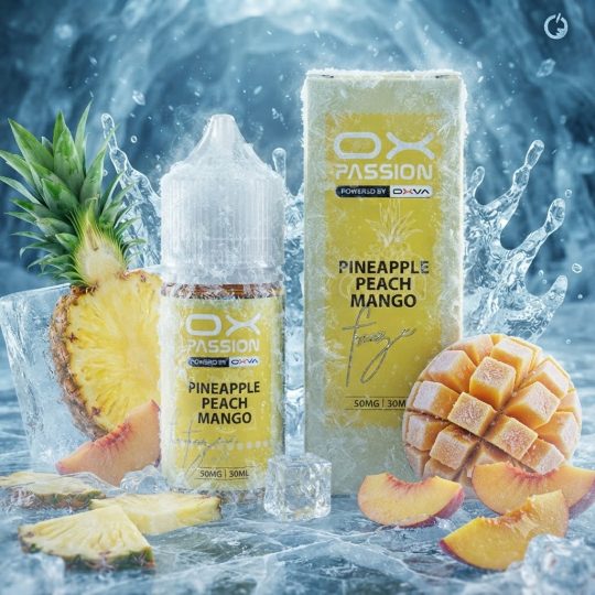 OX PASSION PINEAPPLE PEACH MANGO FREEZE SALT ELIQUID 30ml bottle displaying a vibrant tropical label design against a clean background.