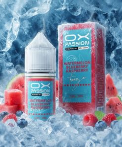 OX PASSION WATERMELON BLUEBERRY RASPBERRY FREEZE SALT ELIQUID 30ml plastic dropper bottle displaying its bright colorful fruit graphics.