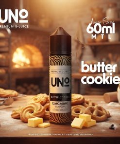 UNO BUTTER COOKIES ELIQUID bottle displaying golden baked cookies artwork.