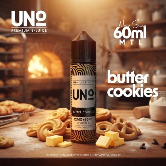 UNO BUTTER COOKIES ELIQUID bottle displaying golden baked cookies artwork.