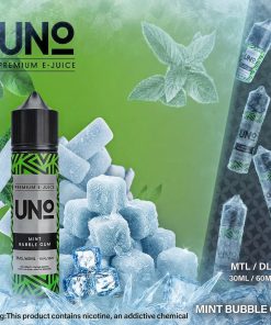 UNO MINT BUBBLEGUM EXTRA ICE ELIQUID bottle displaying icy bubblegum and mint graphics.