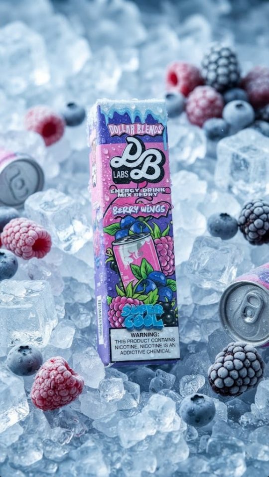 DOLLAR SALT BERRY WINGS ELIQUID bottle displaying energy drink and mixed berries graphics.