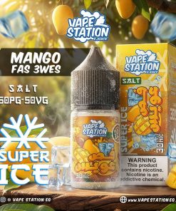 VAPE STATION FAS 3WES SUPER ICE SALT ELIQUID 30ml bottle showing Ismailia Eweisy mango artwork for vape Egypt.