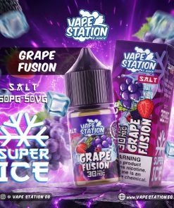 VAPE STATION GRAPE FUSION SUPER ICE SALT ELIQUID 30ml bottle showing grape and berry ice graphics for vape Egypt.