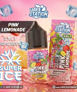 VAPE STATION PINK LEMONADE SUPER ICE SALT ELIQUID 30ml bottle showing pink lemonade artwork for vape Egypt.