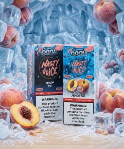 Close-up shot of NASTY SUPER COOL PEACH ICE SALT ELIQUID bottle for فيب شيشة إلكترونية مصر.