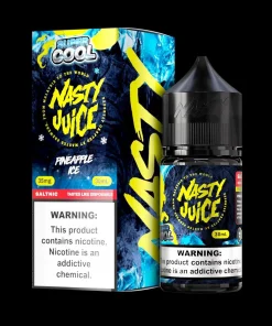 Close-up shot of NASTY SUPER COOL PINEAPPLE ICE SALT ELIQUID bottle for فيب شيشة إلكترونية مصر.