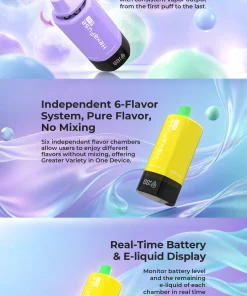 Close-up of smart screen and flavor system on JNR HexaFuse 6 in 1 Disposable Pod for Elegant Vape Store.